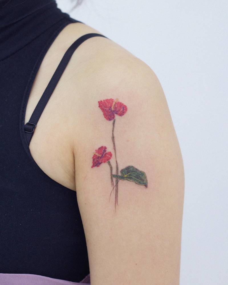 Anthurium tattoo done on the shoulder, watercolor style.
