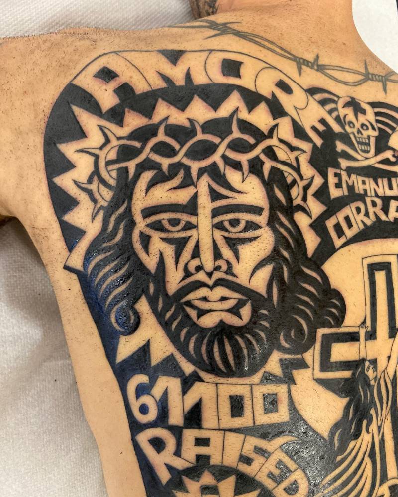 Jesus portrait tattoo, blackwork style.