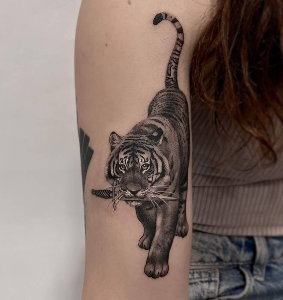 Micro-realistic style tiger tattoo placed on the upper arm.