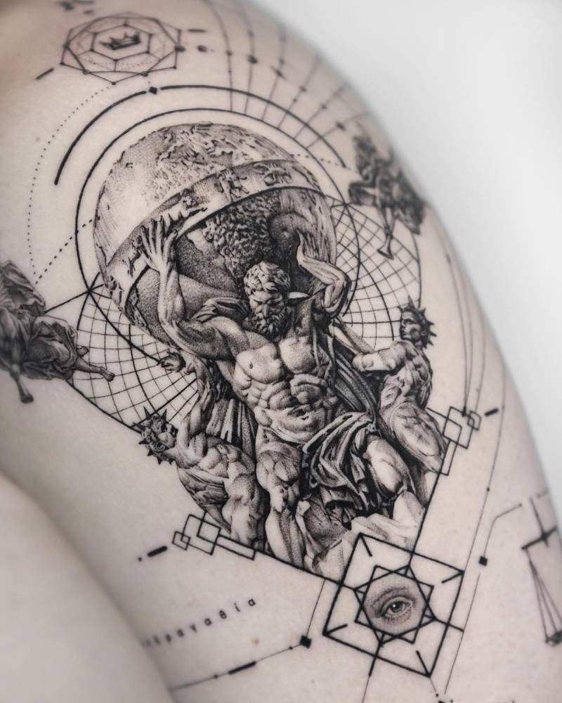 Graphic style Atlas tattoo located on the upper arm.