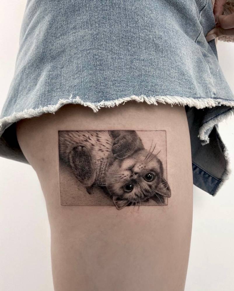 Cat portrait tattoo in micro-realistic style done on the thigh.
