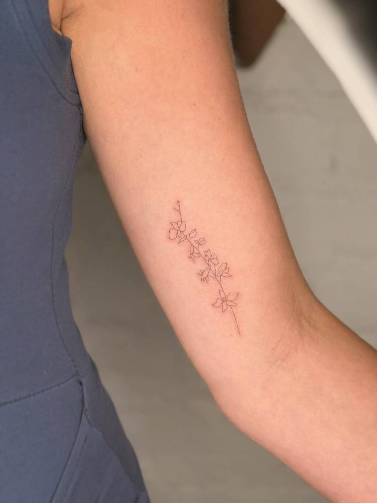 Larkspur tattoo in fine line style located on the inner arm.