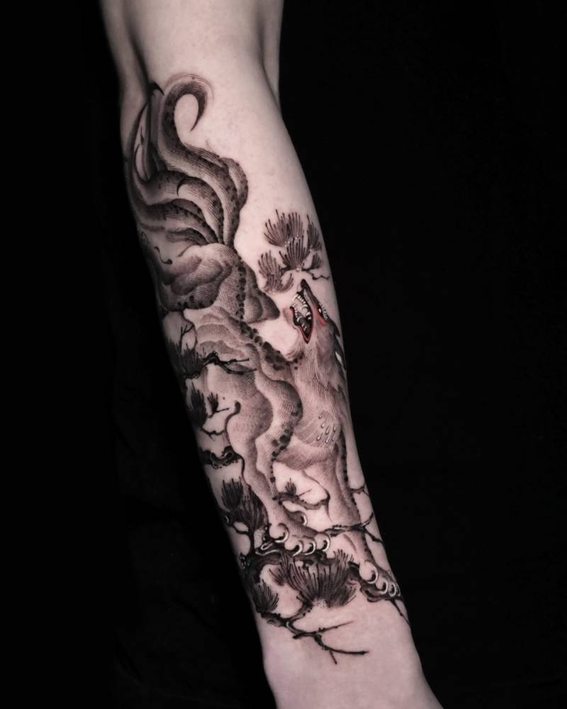 Irezumi style nine tailed fox tattoo located on the forearm.