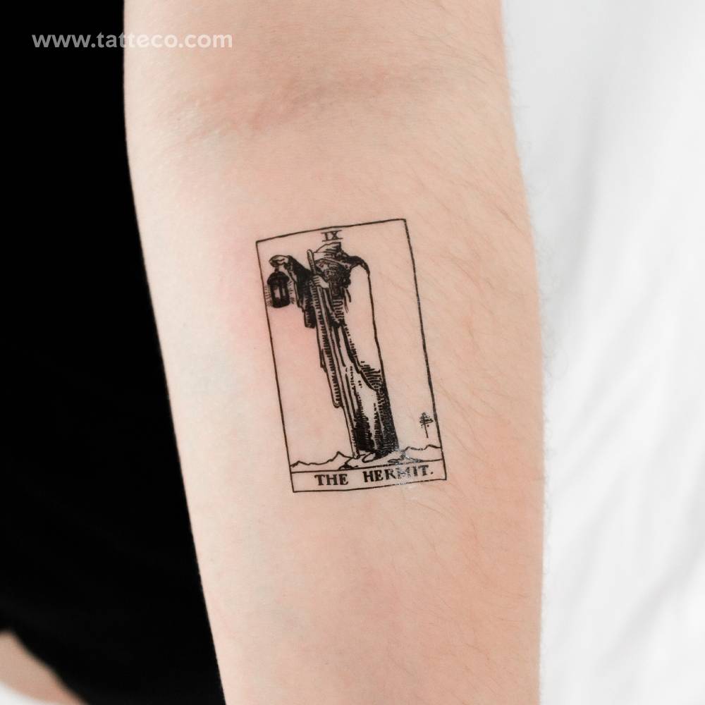 The Hermit tarot card temporary tattoo placed on the inner forearm.
