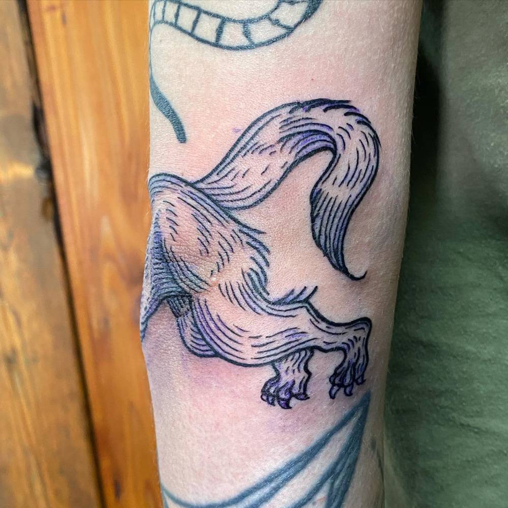 Engraving style wolf tattoo done on the elbow.