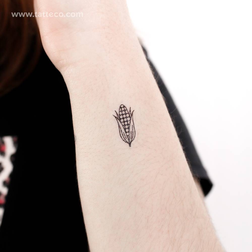 Little corn temporary tattoo located on the wrist.