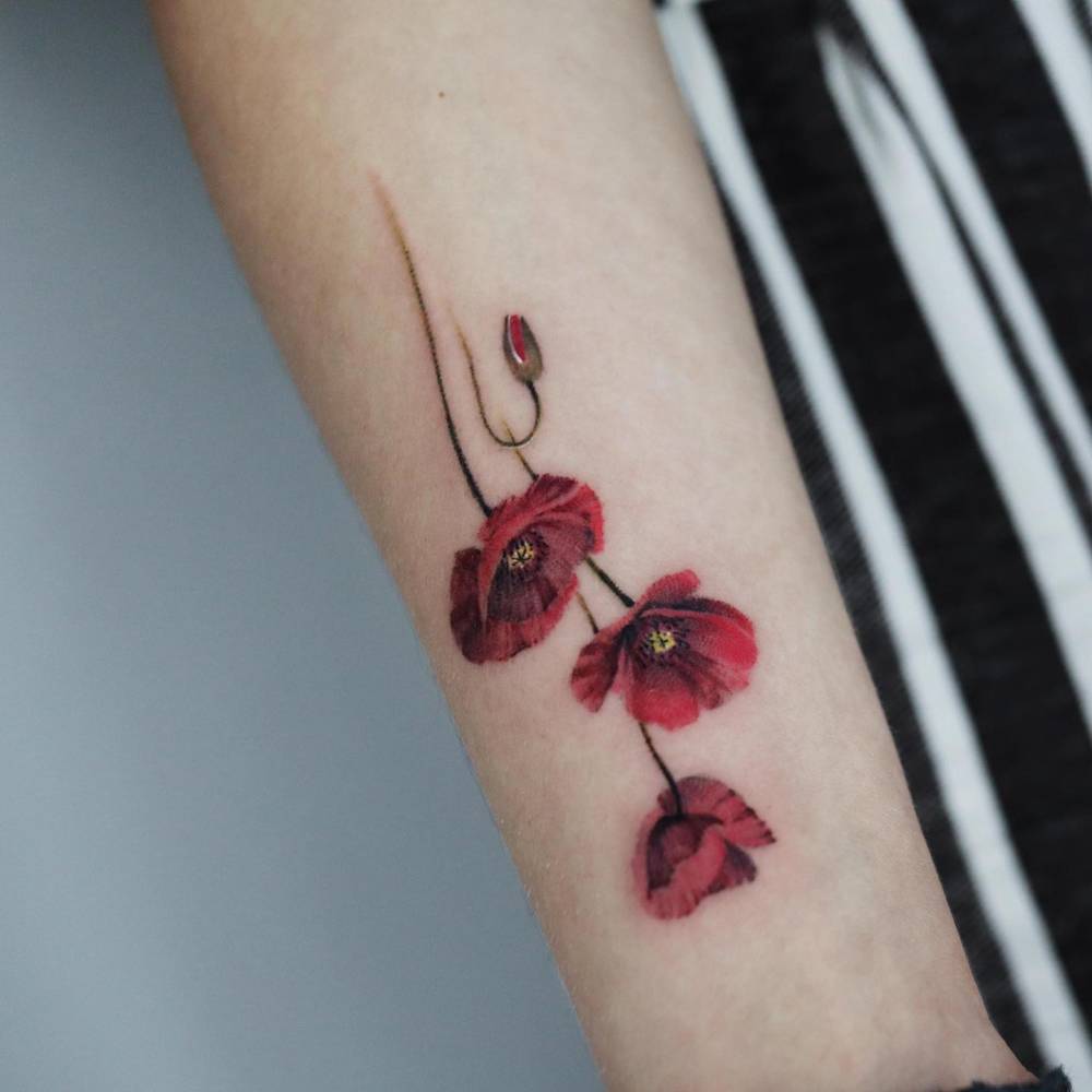Poppy flowers in micro-realism tattooed on the inner forearm.