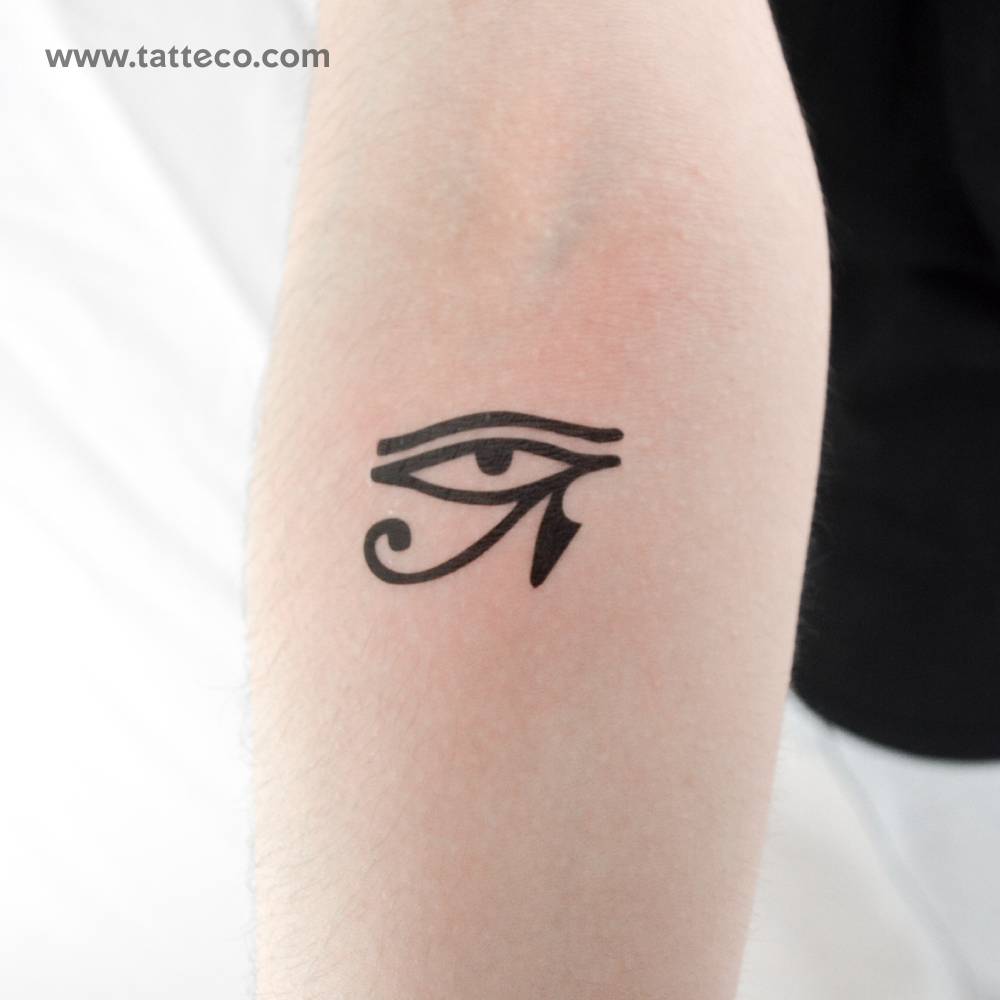 Eye of Ra temporary tattoo located on the inner forearm.