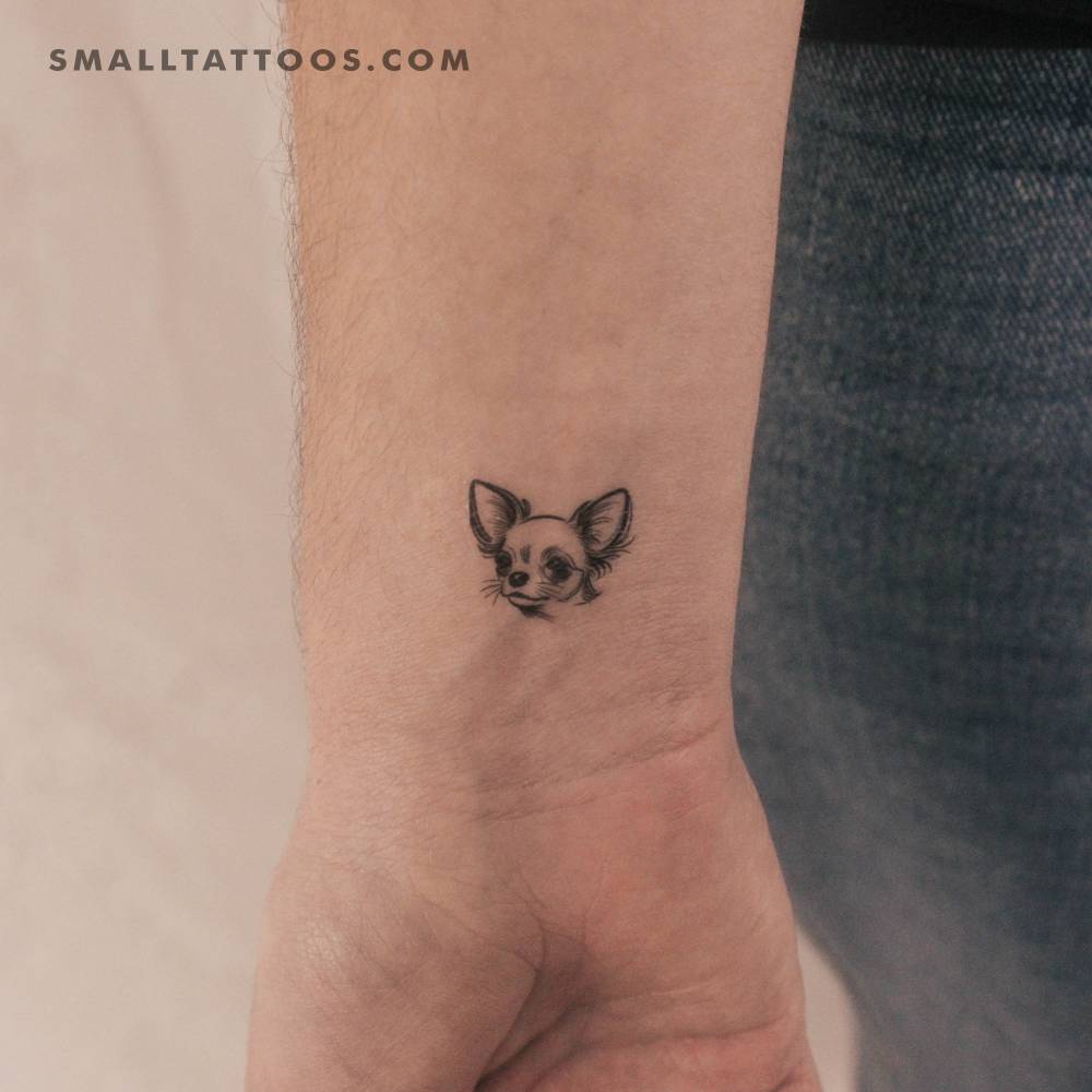 Chihuahua portrait temporary tattoo done on the wrist.