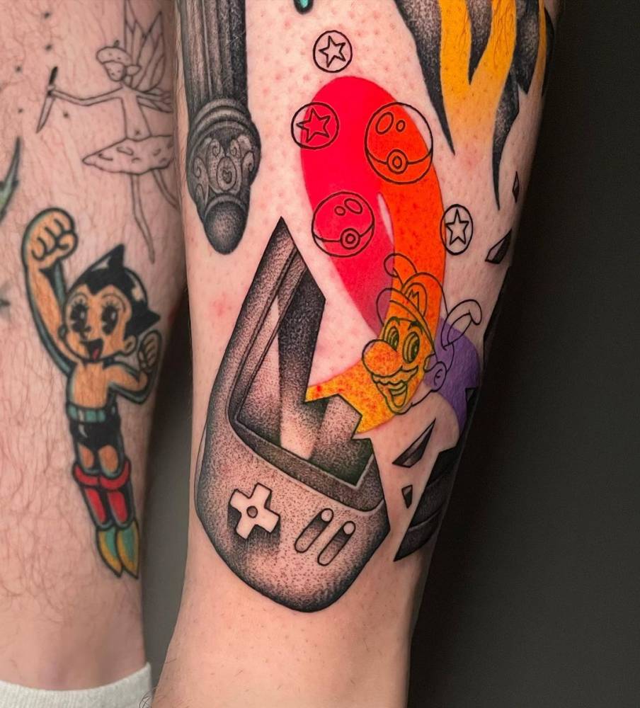 Game Boy Advance tattoo located on the shin.