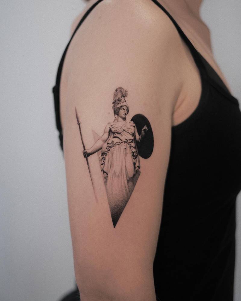 Athena or Athene, often given the epithet Pallas,is an ancient Greek goddess associated with wisdom, handicraft, and warfare who was later syncretized with the Roman goddess Minerva. In art, she is generally depicted wearing a helmet and holding a spear.
