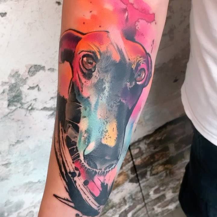Watercolor style greyhound tattoo done on the inner forearm.