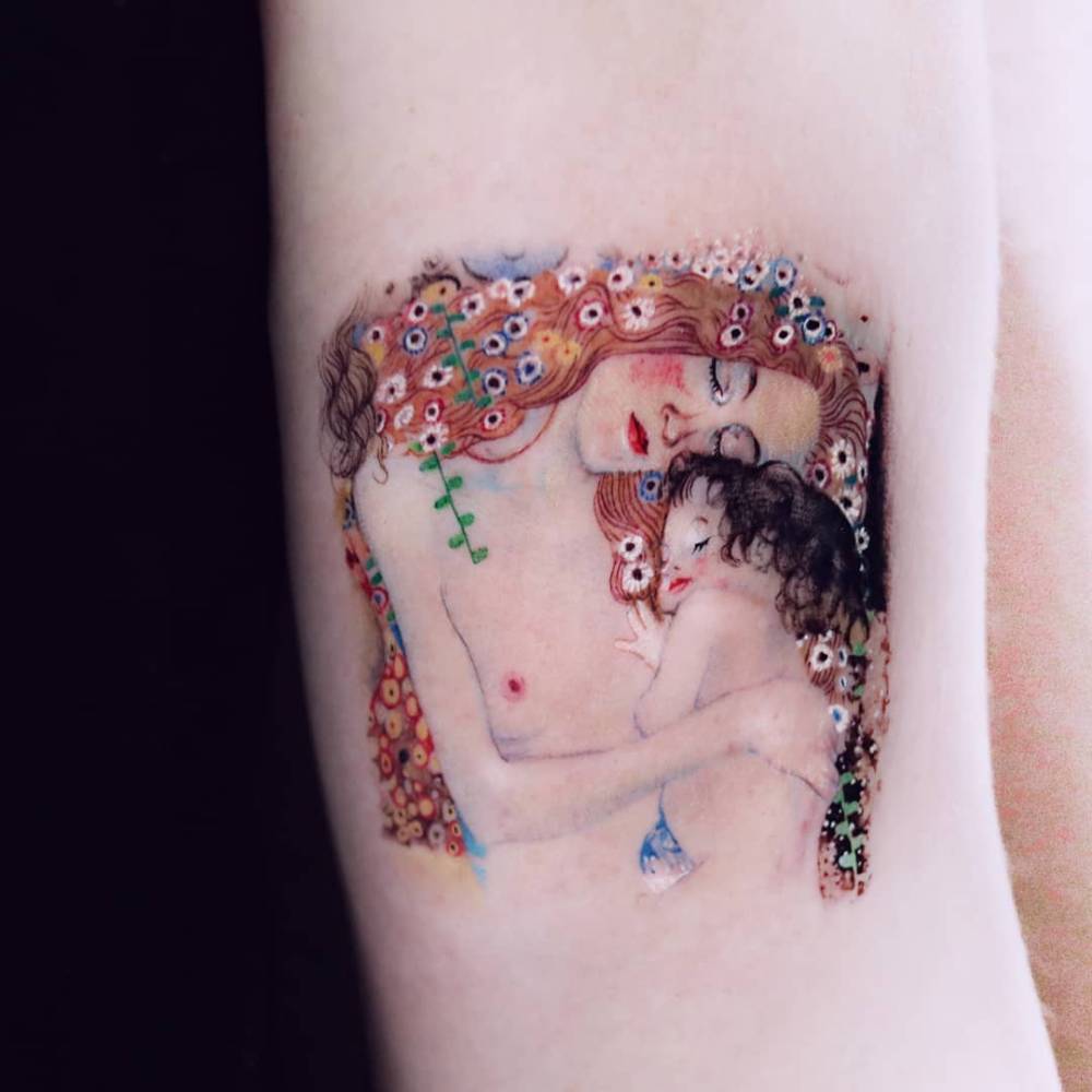 'The Three Ages of Woman' tattoo located on the bicep.