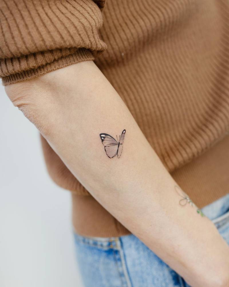 Illustrative style butterfly tattoo placed on the forearm.