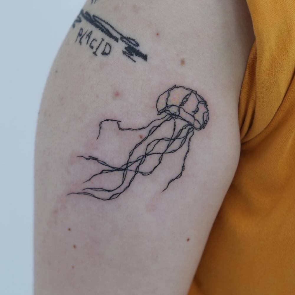 Illustrative style jellyfish tattoo done on the upper arm.