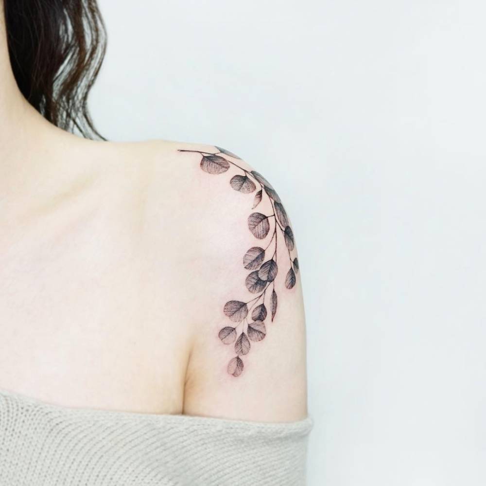 Eucalyptus tattoo located on the shoulder, illustrative style.