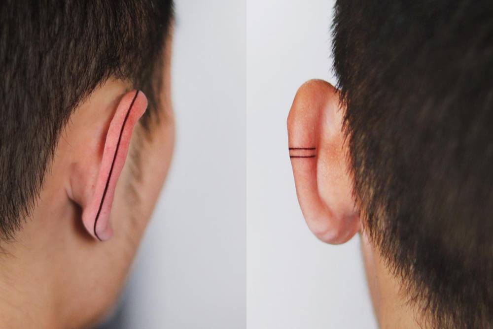 Minimalistic style lines tattoo located on the ear helix.