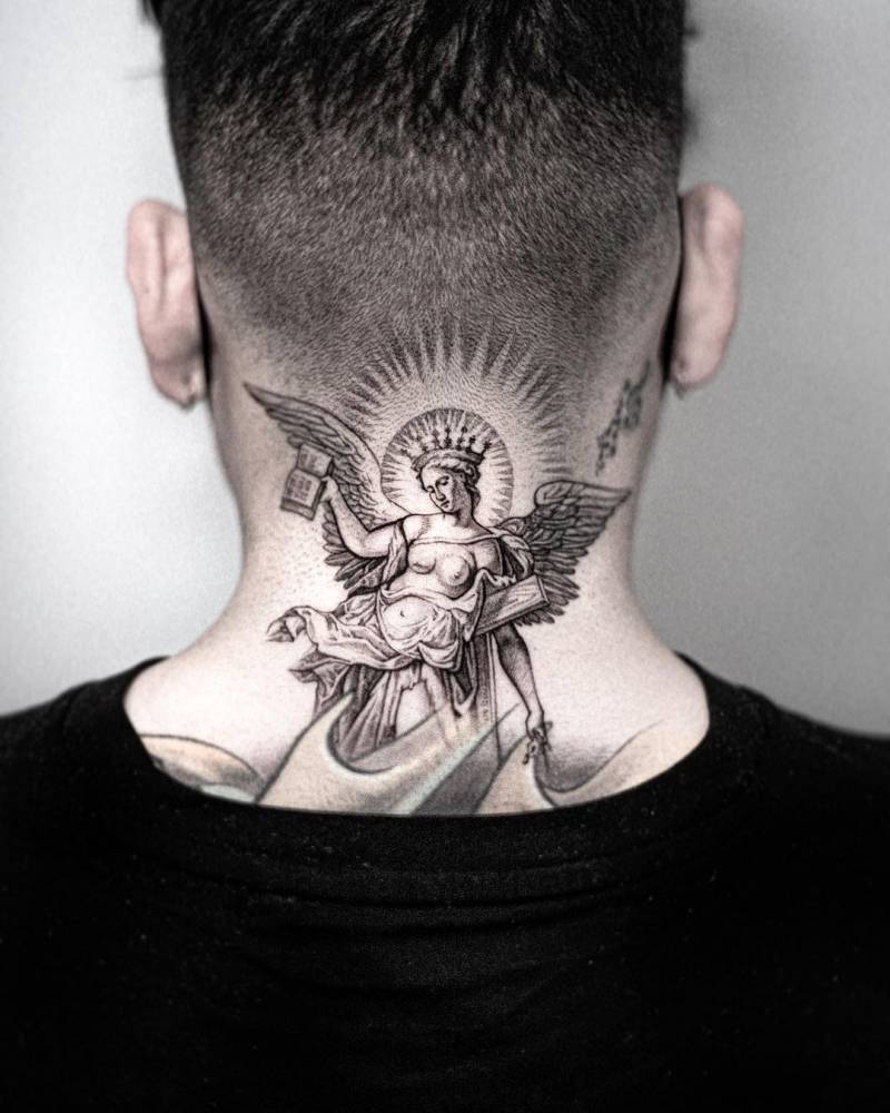 Angel tattoo on the back of the neck.