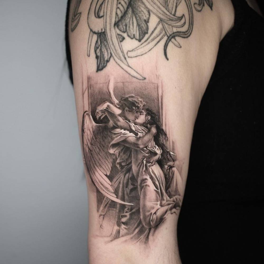 'Romantic Encounter' tattoo on the upper arm - original artwork by Mihaly von Zichy.