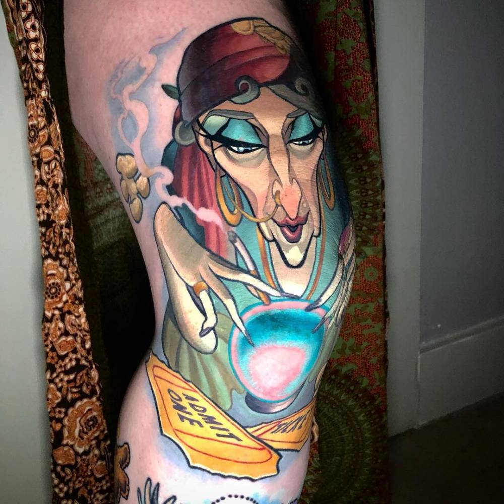 New school fortune teller portrait tattoo on the thigh.