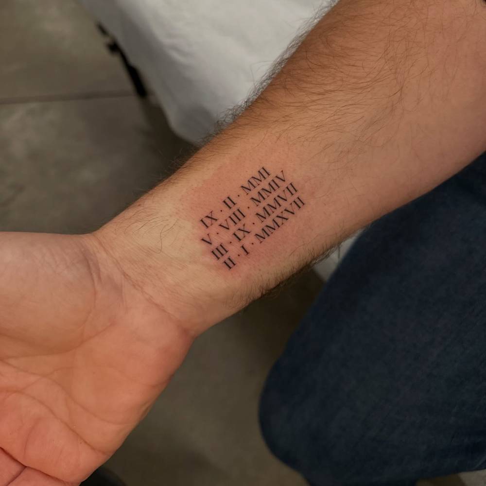 Dates in Roman numerals tattoo located on the wrist.
