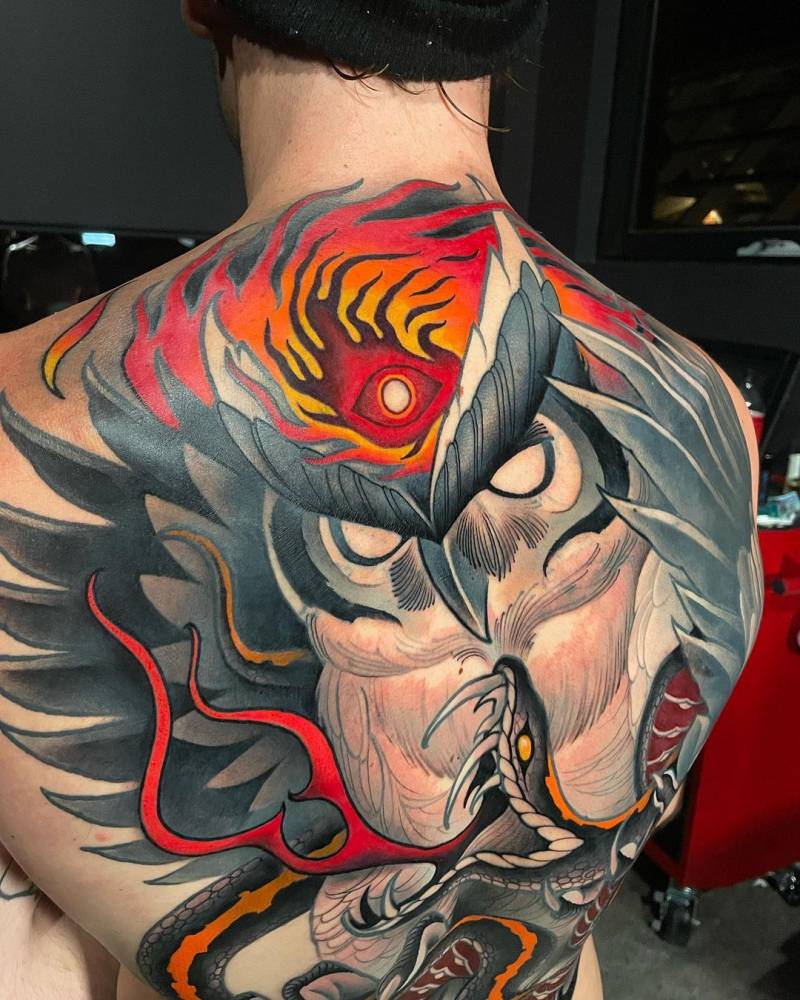 Battle Royale backpiece tattoo, neotraditional style.