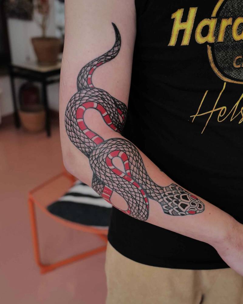 Freehand snake tattoo in traditional style done on the arm.