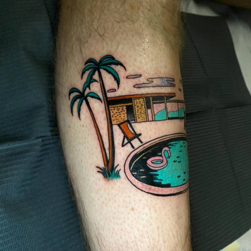 Mid century house and swimming pool tattoo.