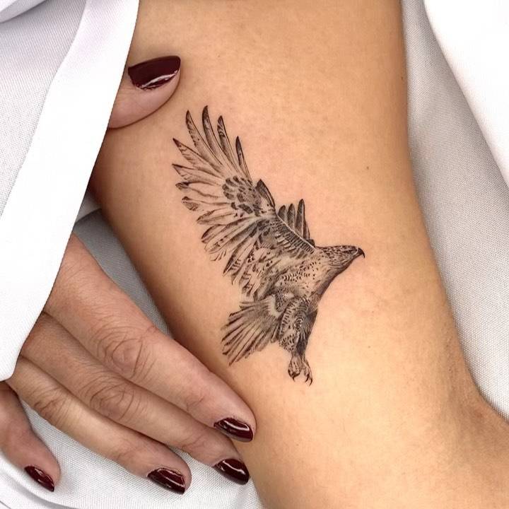 Micro-realistic falcon tattooed on the inner arm.