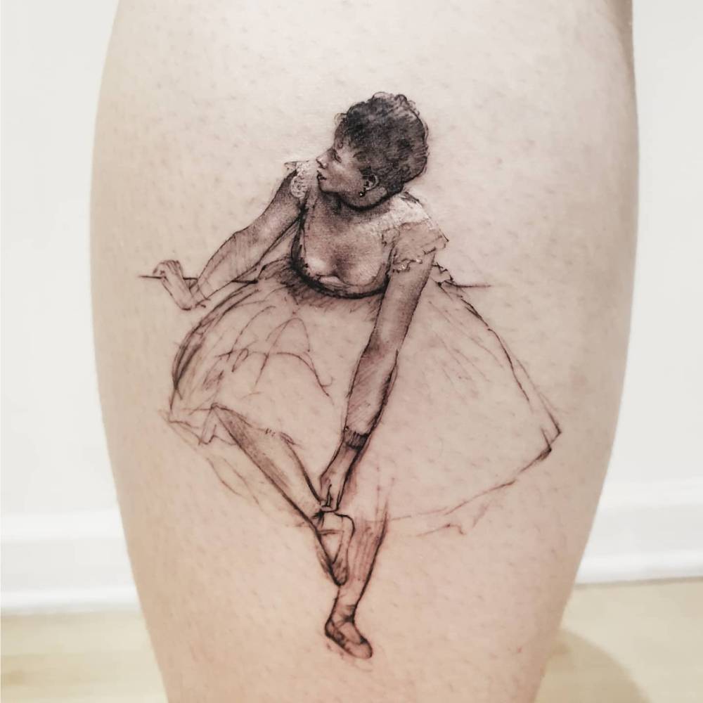 Watercolor style ballet dancer tattoo located on the calf, original artwork by Degas.
