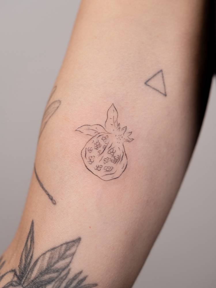 Pomegranate in fine line style tattooed on the inner arm.