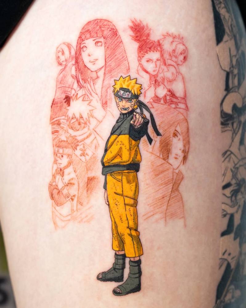 Naruto tattoo in cartoon style placed on the thigh.