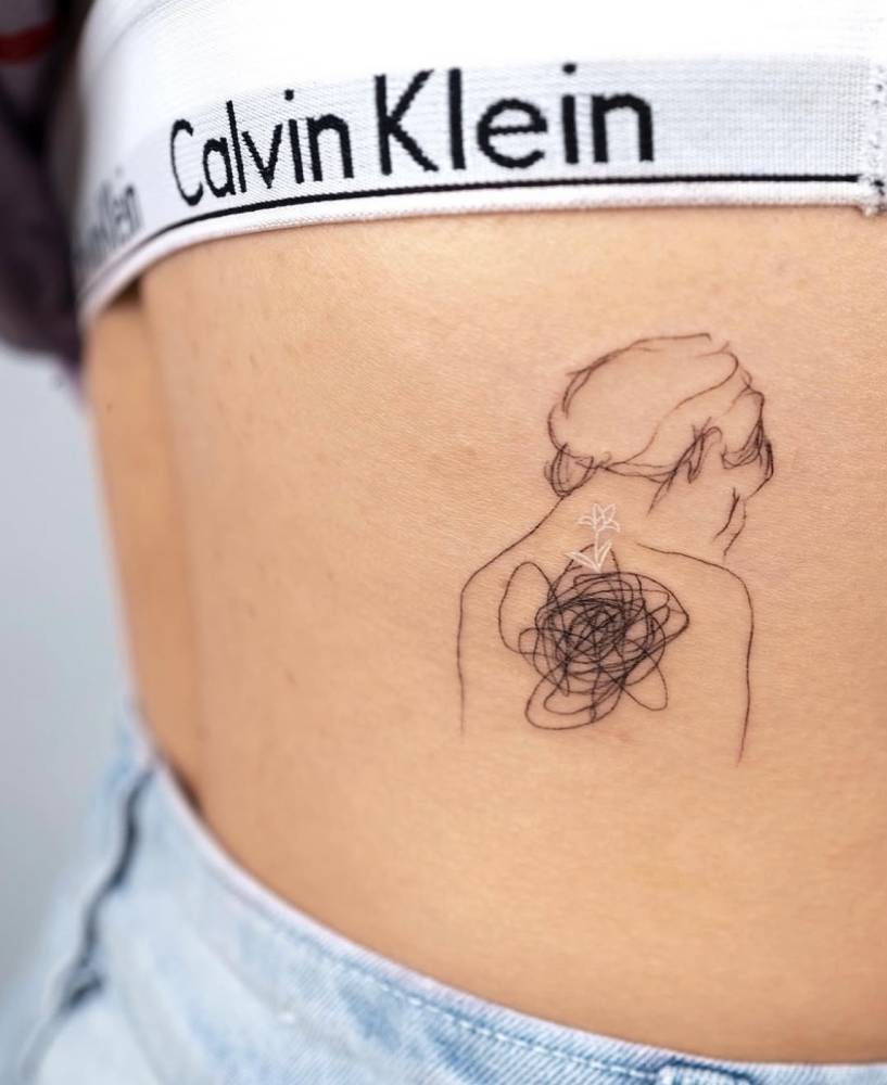 Sketch work style feelings and emotions tattoo located on the waist.