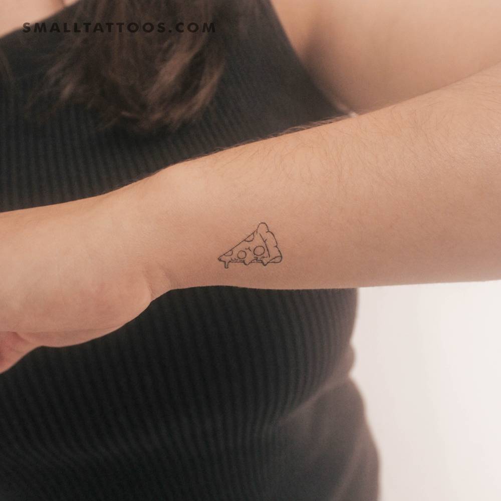 Fine line style pizza slice temporary tattoo located on the wrist.