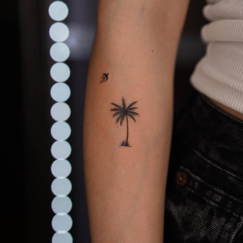 Little palm tree and plane tattoo located on the forearm.