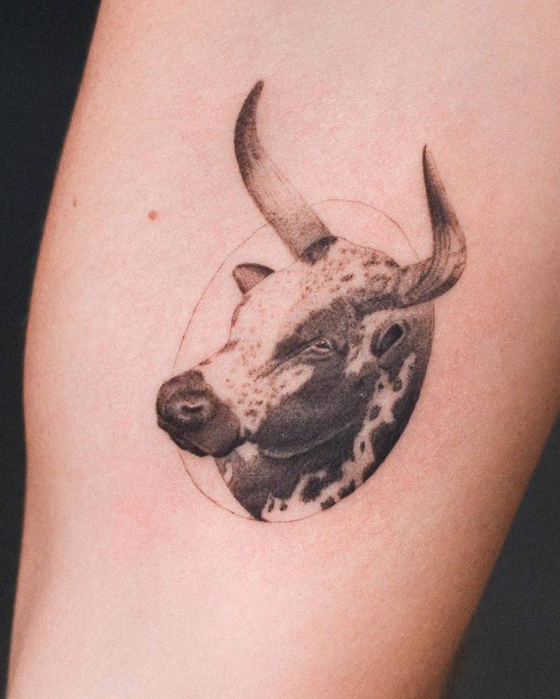 Bull portrait tattoo in micro-realistic style located on the inner arm.