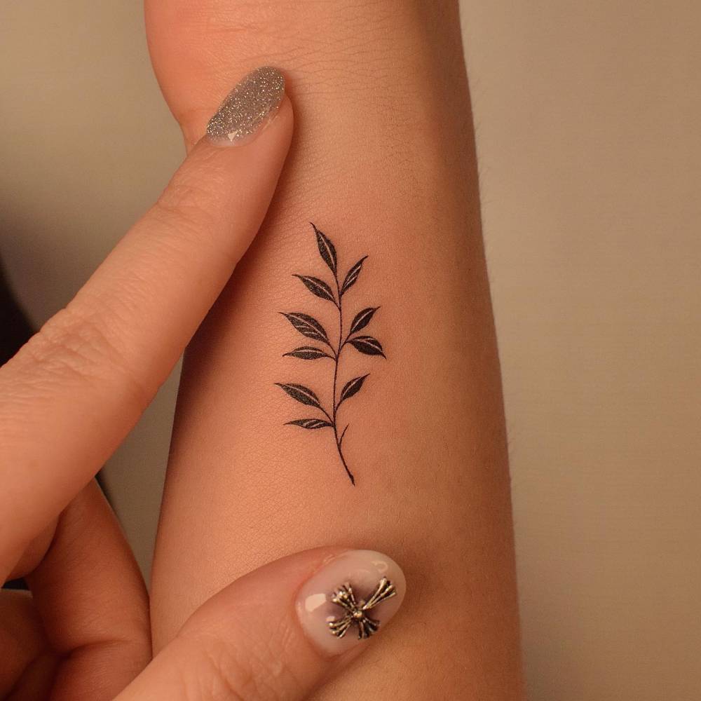 Leaves tattoo placed on the wrist, illustrative style.