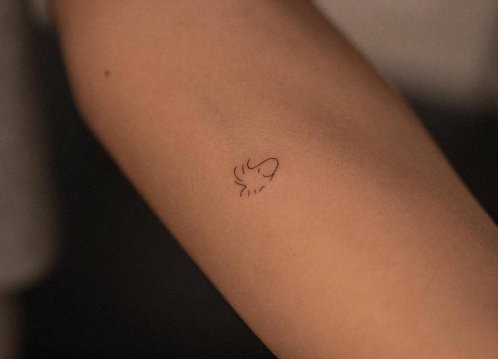 Minimalistic style Woodstock portrait tattoo done on the inner forearm.