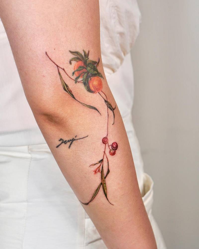 Fresh Berries tattoo in watercolor style and healed peaches.