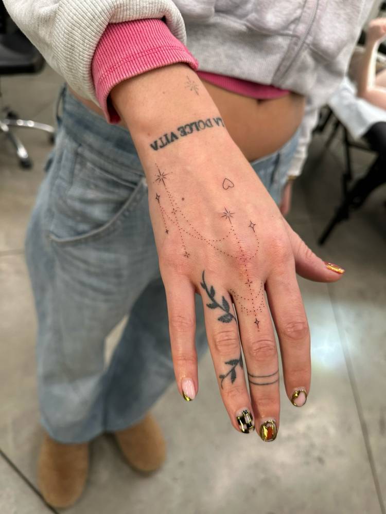 Fine line style ornamental hand composition tattoo.