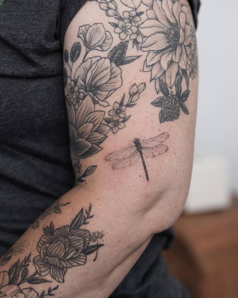 Illustrative style dragonfly tattoo located on the upper arm.