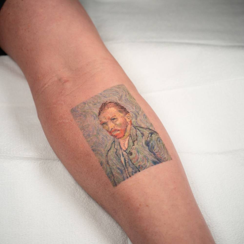Van Gogh's 'Self-Portrait" tattoo located on the calf.