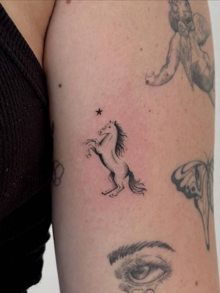 Little horse tattoo in illustrative style placed on the upper arm.