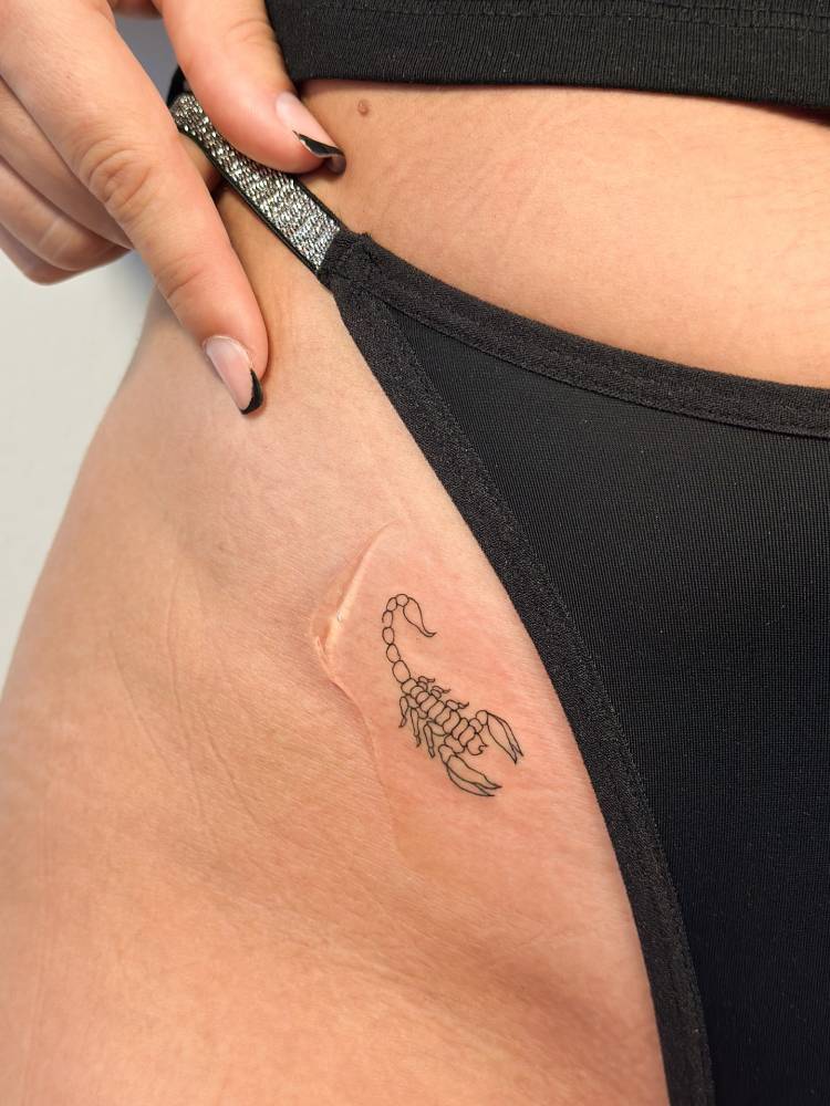 Fine line style scorpion tattoo located on the pelvis.