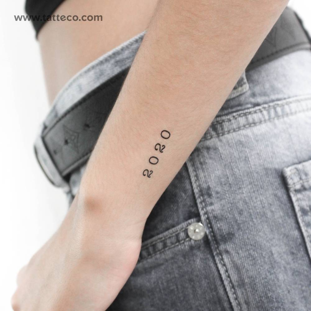 Typewriter font birth year "2020" temporary tattoo.