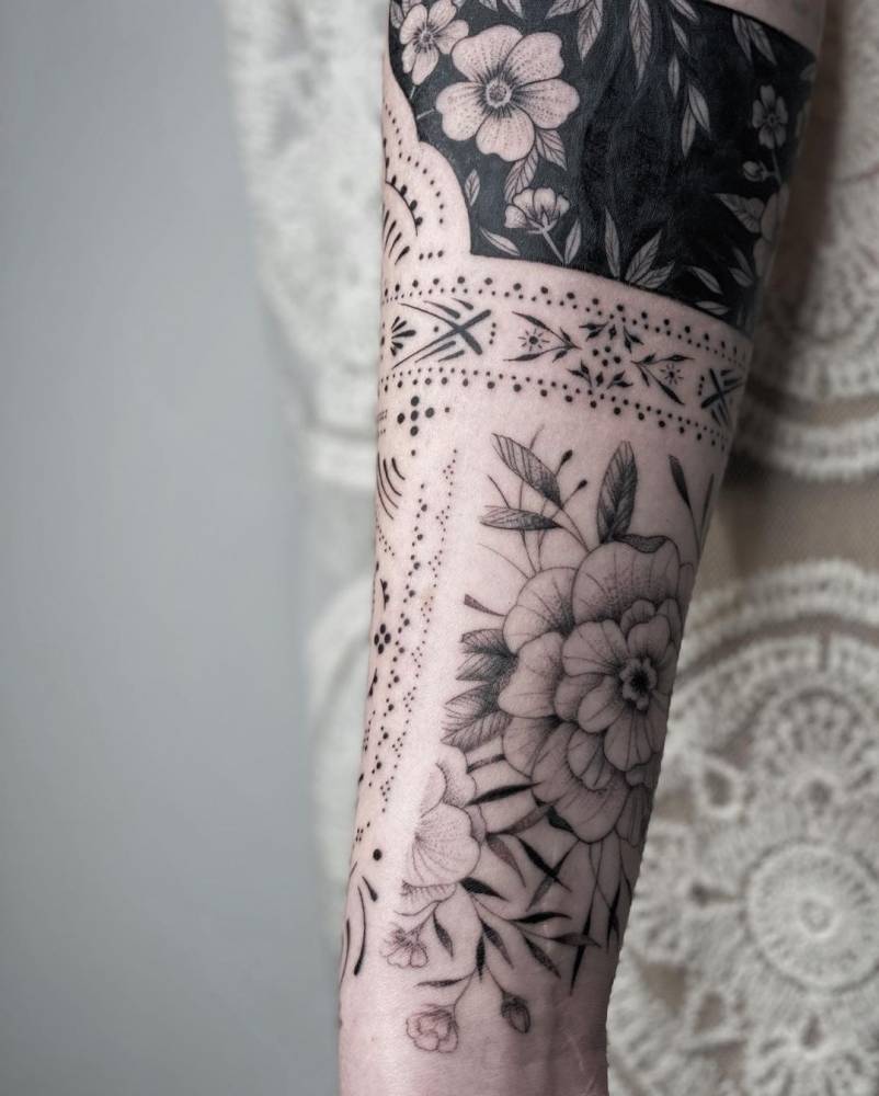 Ornamental sleeve tattoo in progress