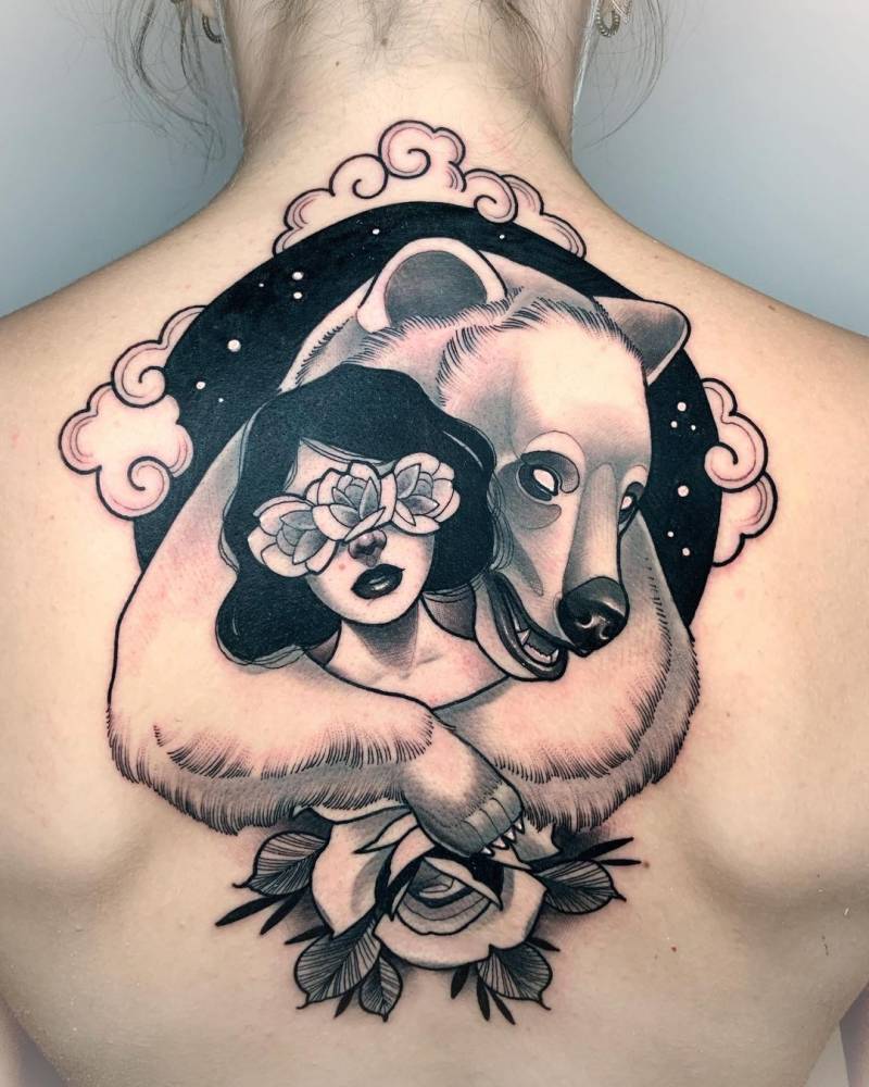 Neotraditional bear and woman tattoo on the back.