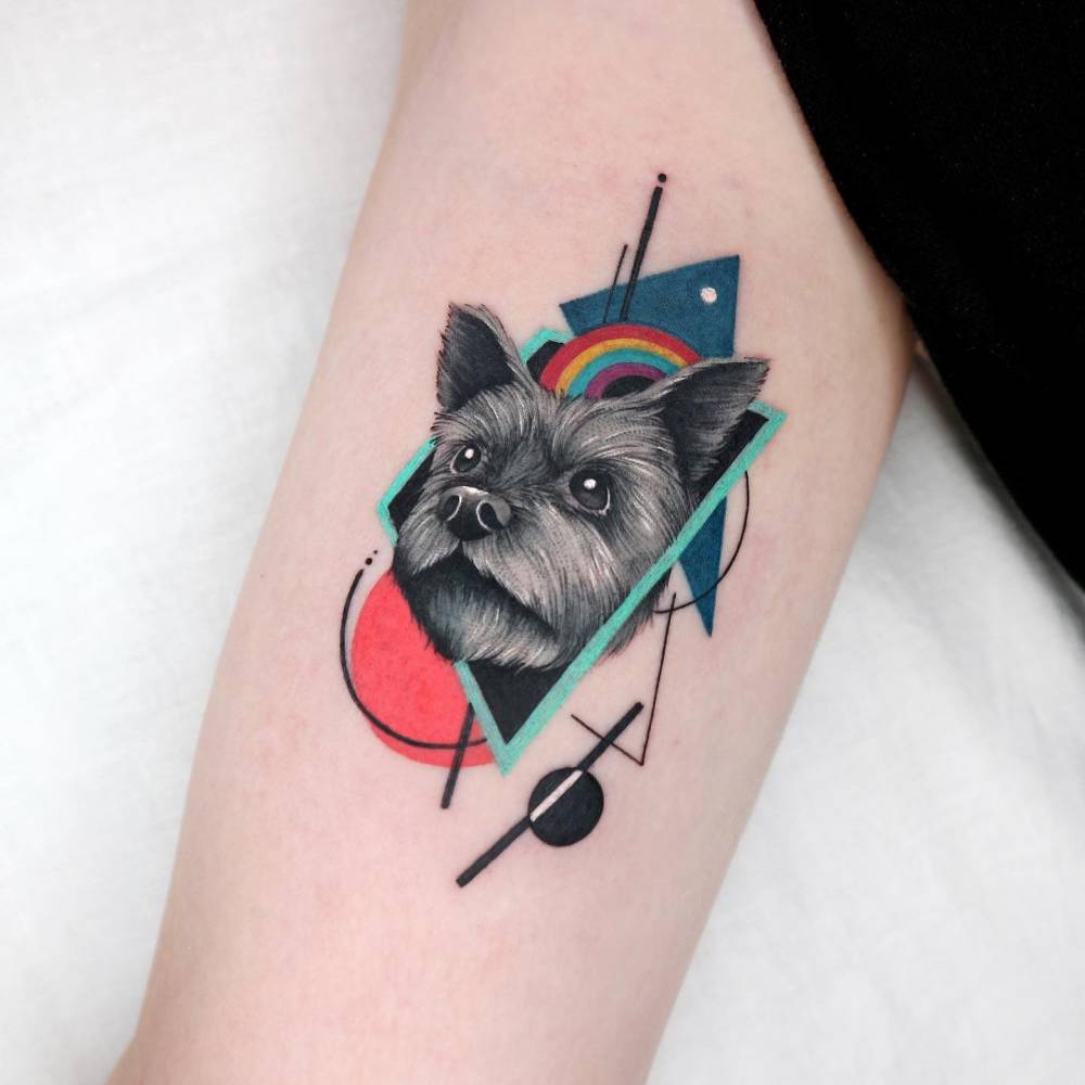 Yorkshire Terrier portrait tattoo located on the inner arm.