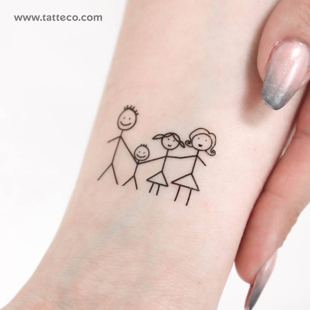 Family portrait drawing temporary tattoo located on the wrist.