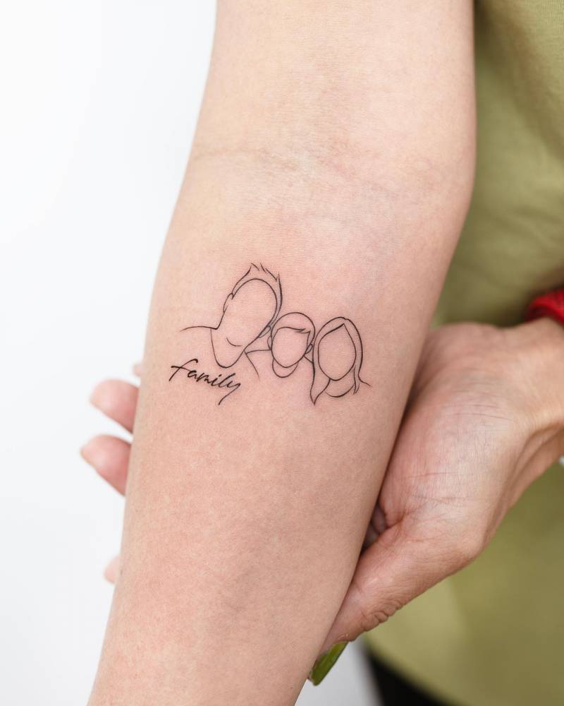 Minimalistic style family portrait tattoo located on the inner forearm.